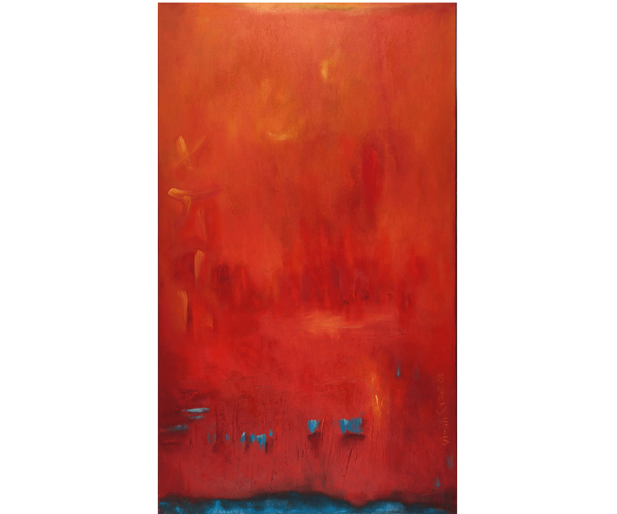 Türkise Zeichen über Rot - 103 x 177 cm